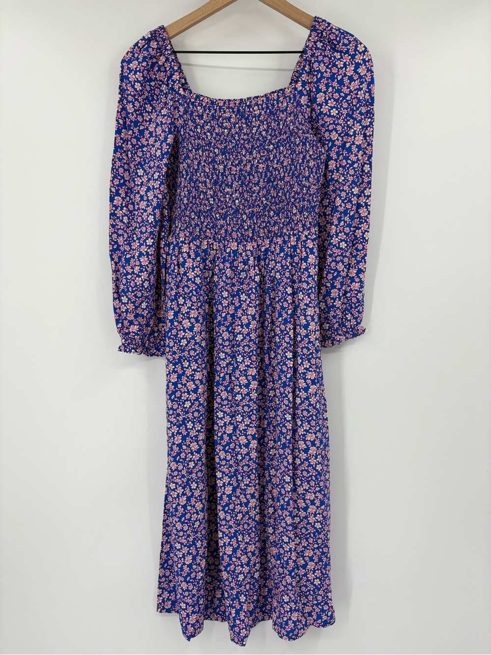 J.Crew Floral Smocked Midi Dress Pockets Blue Pink Cottagecore Size Small